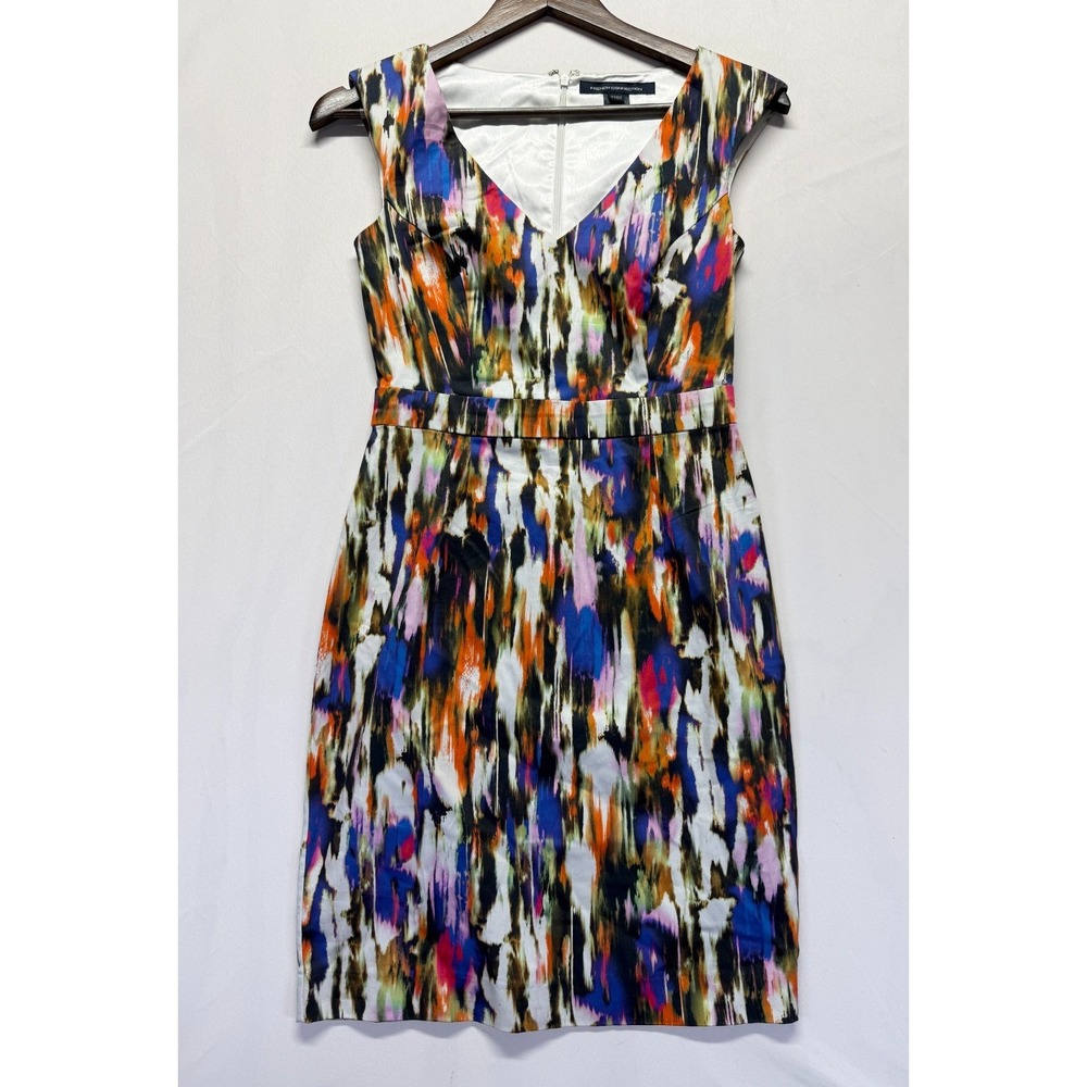 French Connection Sheath Dress Women 2 Multicolor Abstract Print V Neck Back Zip